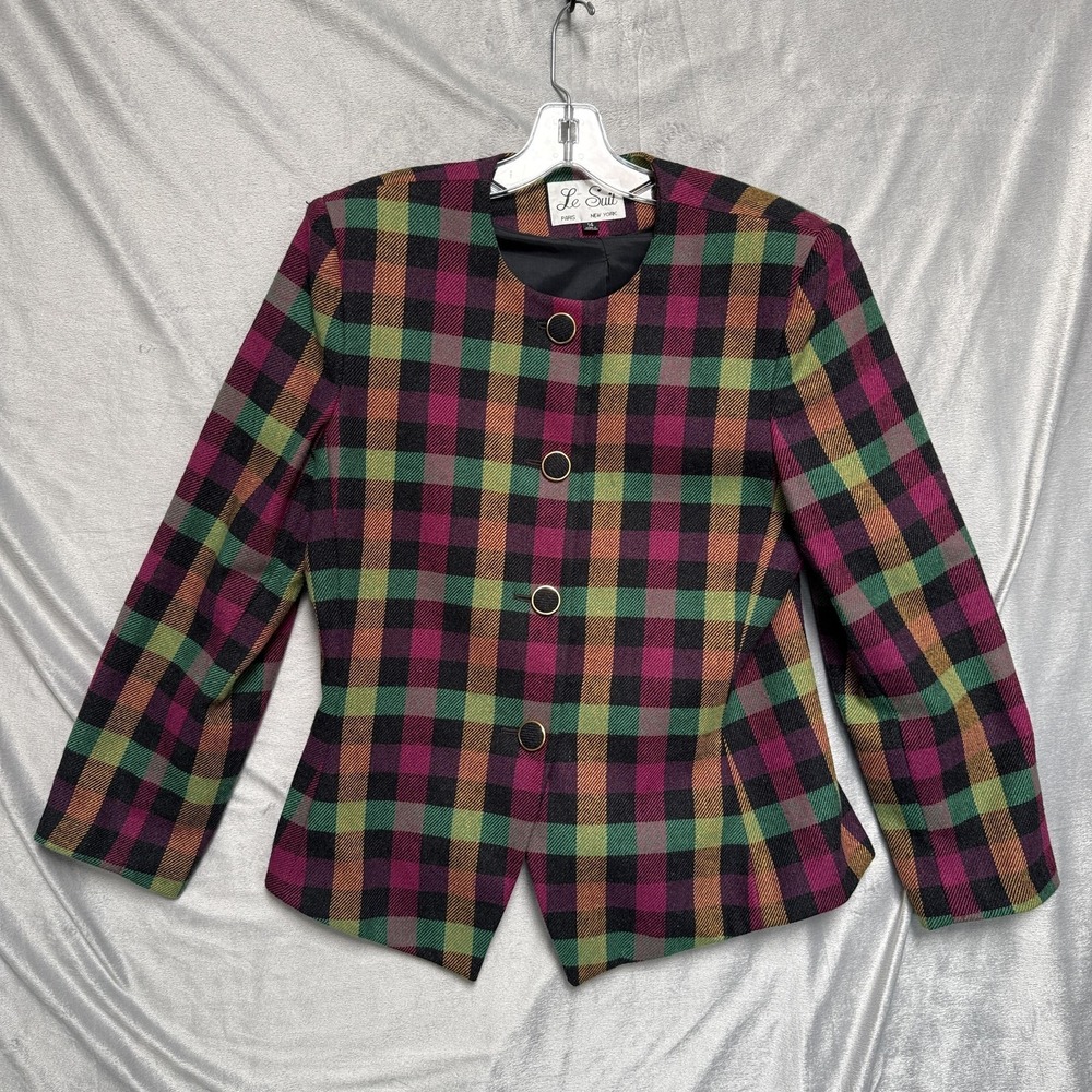 Le Suit Blazer Womens 14 Multicolor Plaid Wool Blend Round Neck Button Front